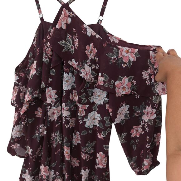 Torrid Women Plus 20 Dress Wine Red Floral Chiffon Halter Cold Shoulder Ruffle - Picture 5 of 11